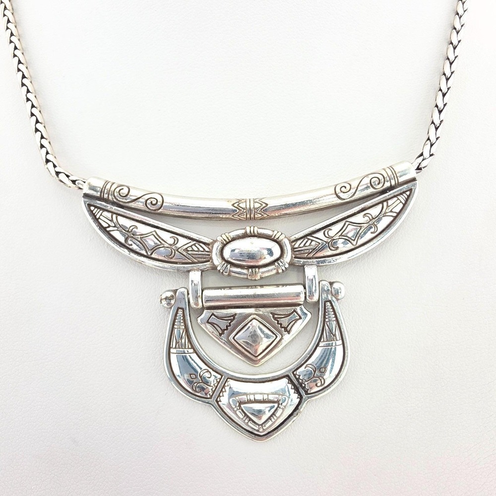 BRIGHTON Bib Necklace Western Tribal Scroll Reversible Panels Silver Plate 16"